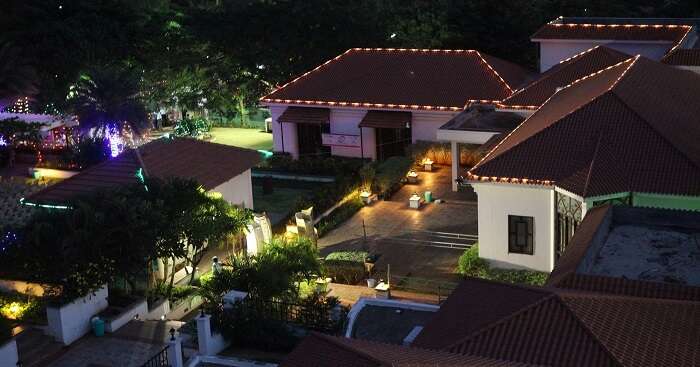 A night shot of the Bungalow Club Resort in Coimbatore