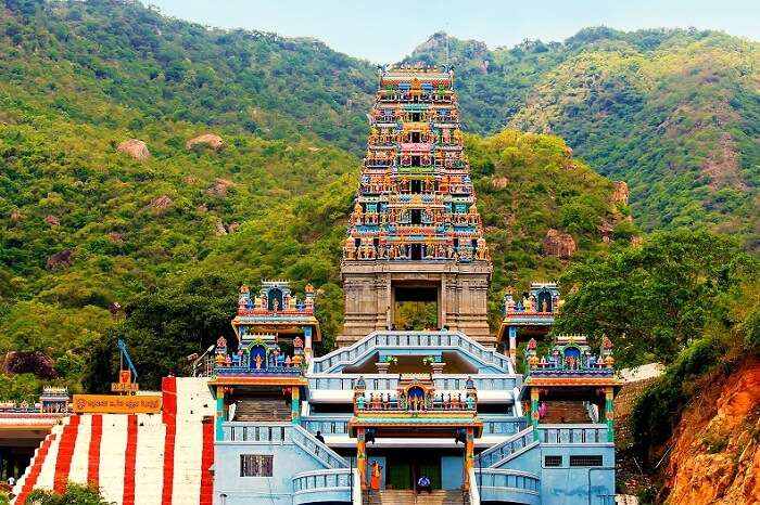 A front-view of the hilltop Maruthamalai Temple in Coimbatore