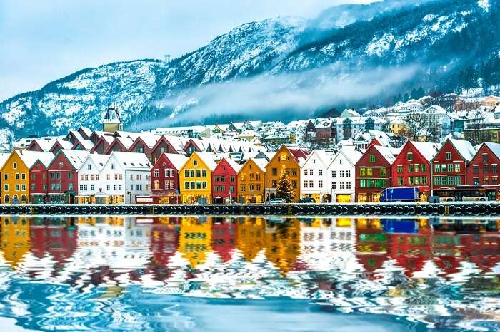 Famous Bryggen street with wooden colored houses in Bergen at Christmas