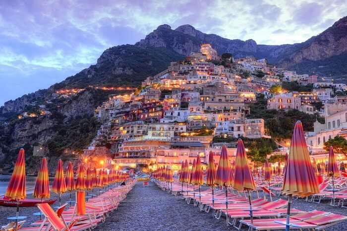 A sunset shot of the beautiful Positano in Amalfi