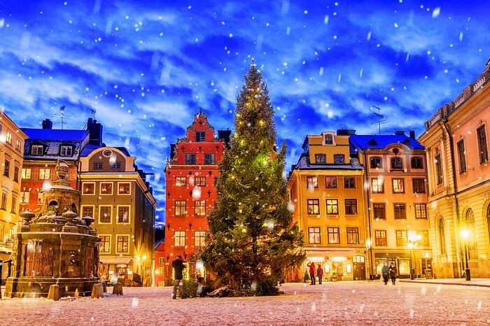 Stortorget square decorated during Christmas time at night in the city of Stockholm