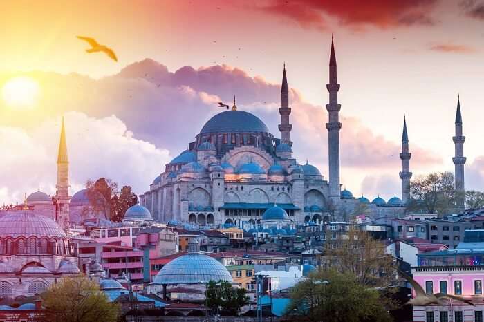A sunset shot of the Blue Mosque at Istanbul
