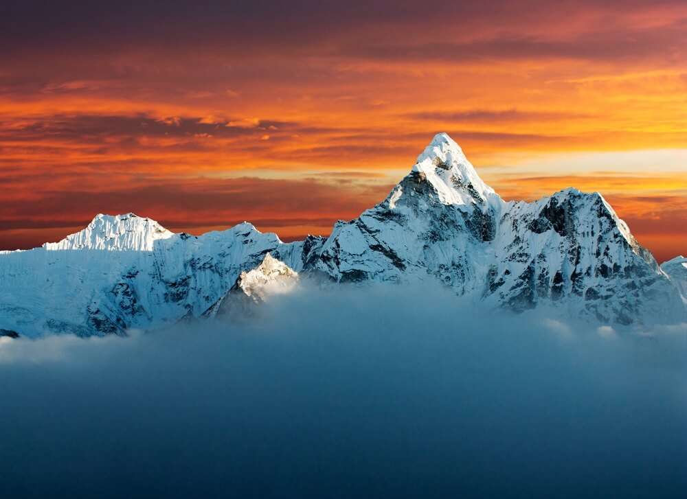 sunset behind the snow clad mountains