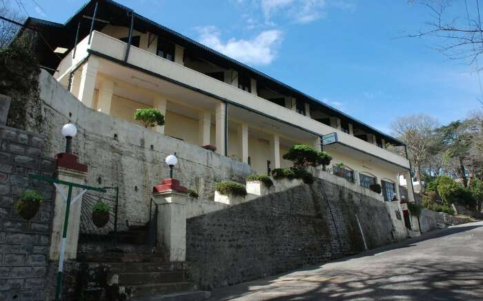 view of Hotel Alasia from the road below 