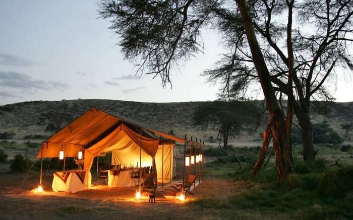 A well-lit Camp Malta in Kenya 