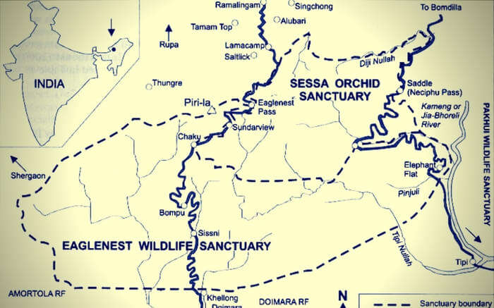 Map of sanctuary region and surroundings of Eaglenest Wildlife Sanctuary