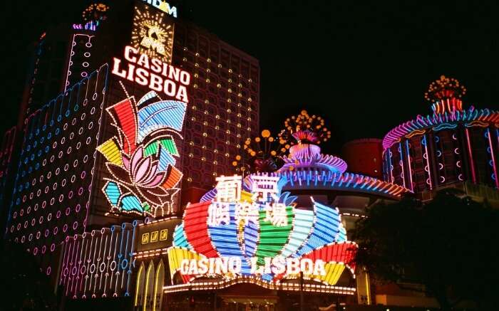 beautifully lit casino in Macau at night 