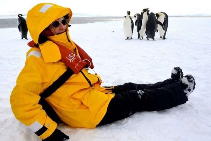 June Scott in Antarctica with Penguins