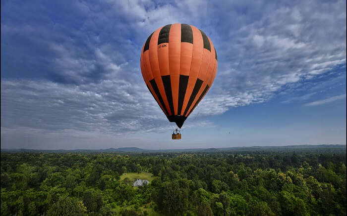 A hot air balloon in the sky over a green forest