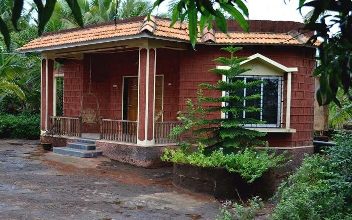 A red brick cottage surrounded by palm trees 