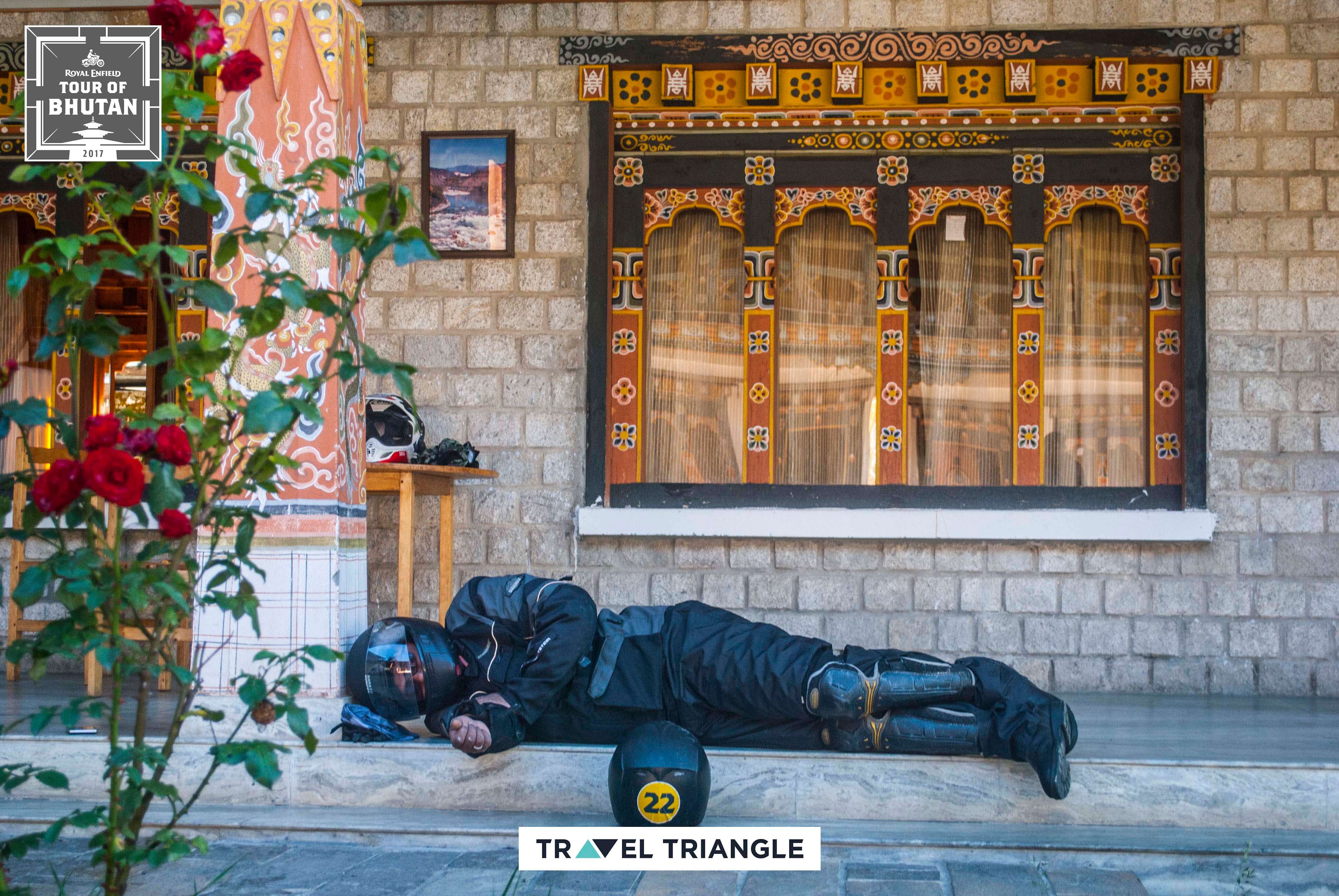 Bumthang to Mongar: a rider sleeping outside the hotel