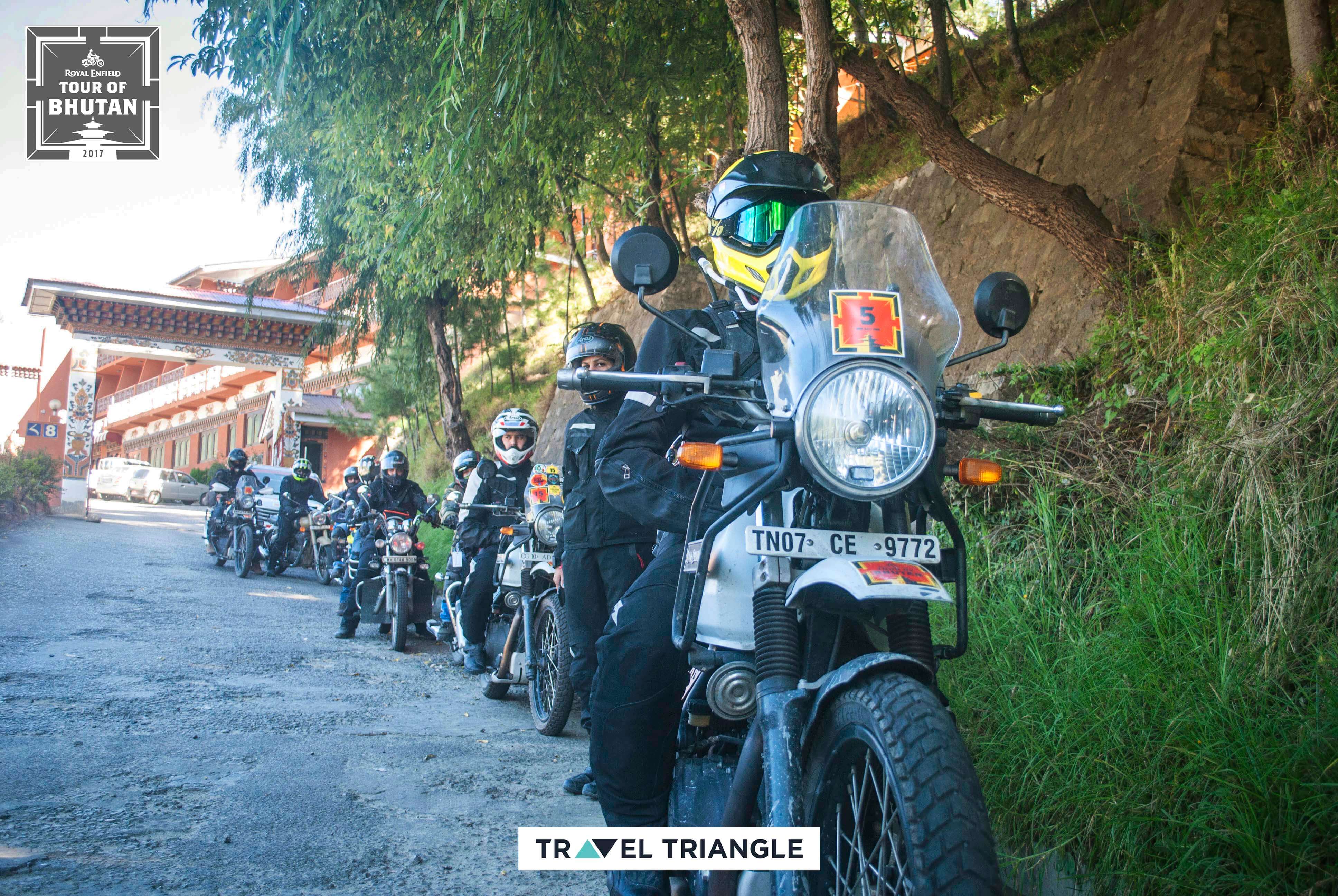 the Royal Enfield Bhutan trip group going from Thimphu to Punakha