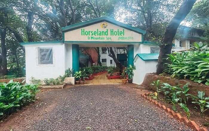 Entrance of a hotel named Horseland Hotel 