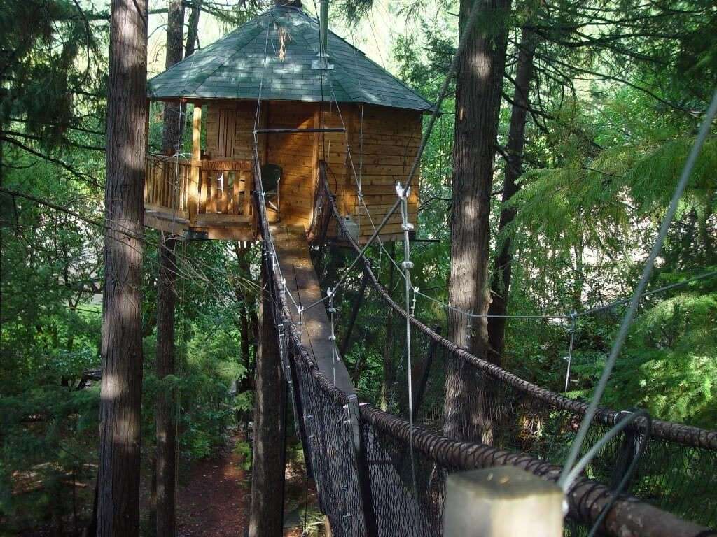 The hanging bridge leading to Out N’ About Treehouse Treesort in Oregon