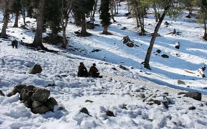 People sitting in the midst of the valley in Sonamarg covered in snow during winter in Kashmir 