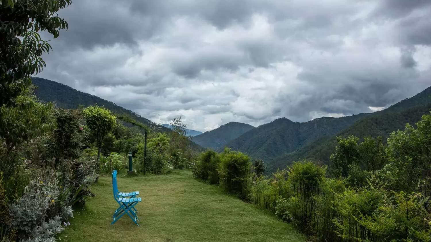 a bench in a garden overlooking the mountains