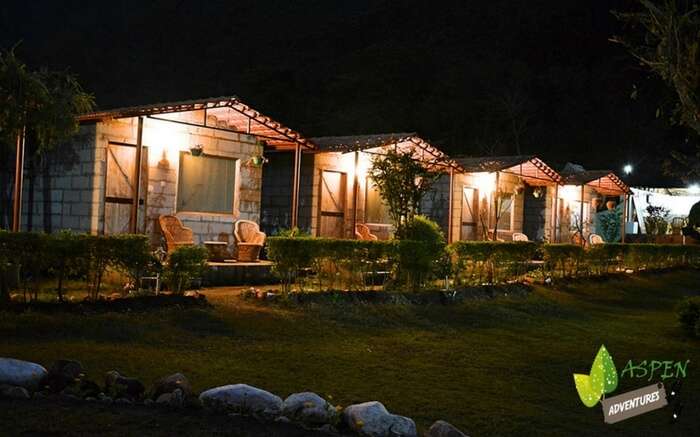 A view of Aspen Adventure camps at night in Rishikesh