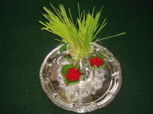 grass and flowers on a silver plate