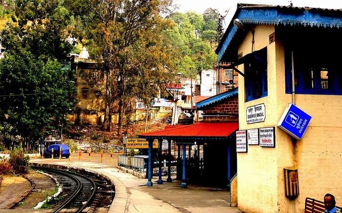 A view of railway station of Dharampur on a bright day 