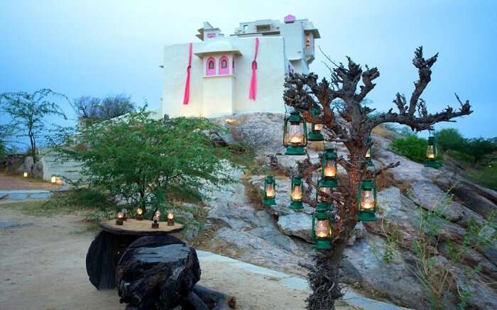 Lakshman Sagar Resort with lamps 