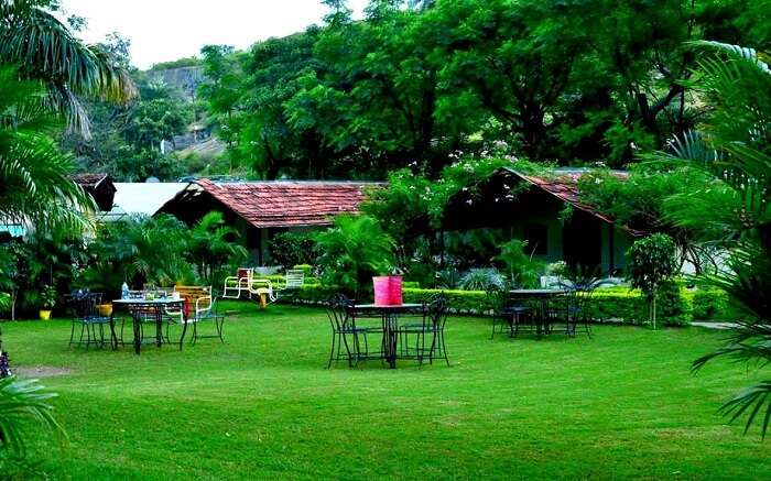 Lawn with seating area of the resort in Mount Ab