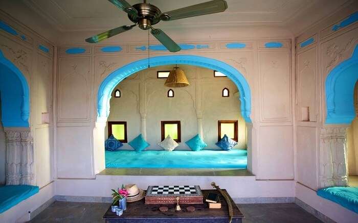 Sitting area in Lakshman Resort painted in blue 