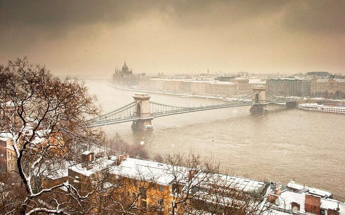 Budapest houses covered with snow