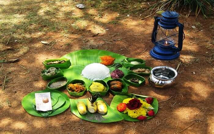 Manipuri food kept on banana leaves 