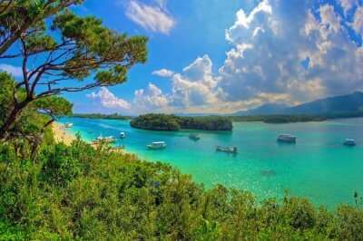 ships sailing on the green waters of an island