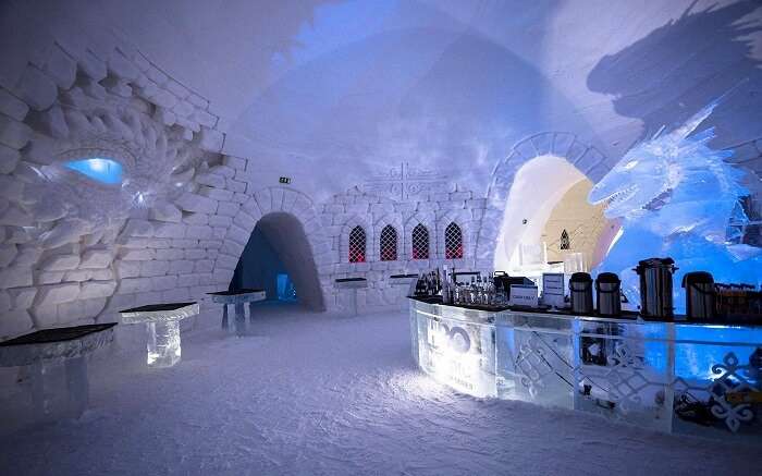 hall and bar in ice hotel in finland