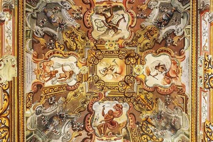 Frescoes at the castle turned luxury hotel in Italy