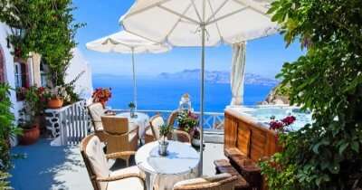 view of caldera from a hotel terrace