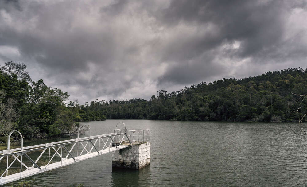 a bridge extending in a lake
