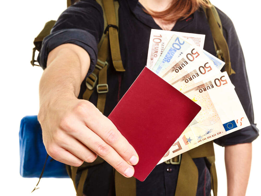 A person holding euro currency in a passport