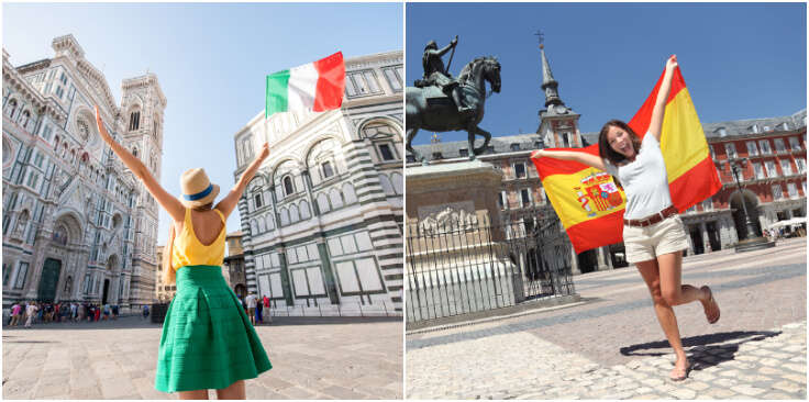 girls holding flags of italy and spain