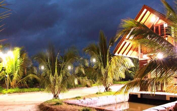 a resort surrounded by tall palm trees 