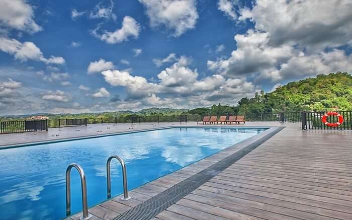 a terrace pool with mountain views 