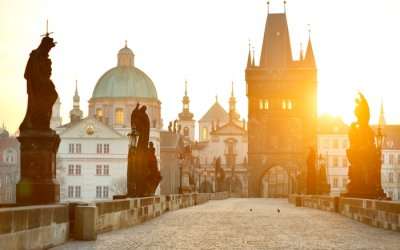 A view of Charles Bridge in Prague at the sunrise