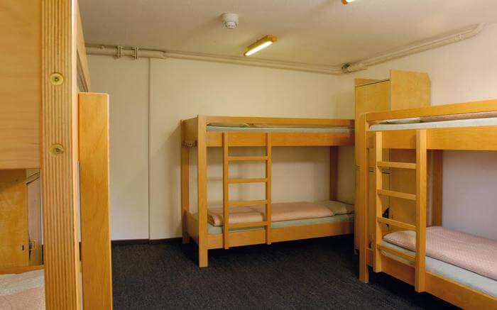 Beautiful bunk beds laid out in a hostel in Switzerland