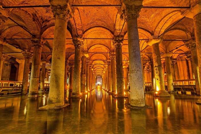 large marble columns and ceiling