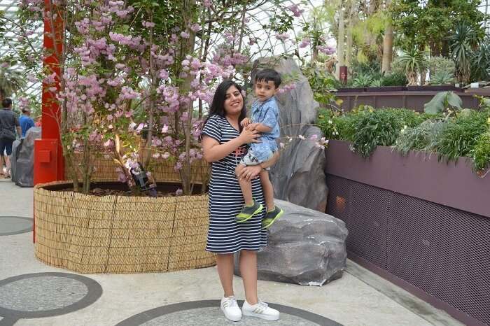 anshu singapore trip: anshu with son near waterfall