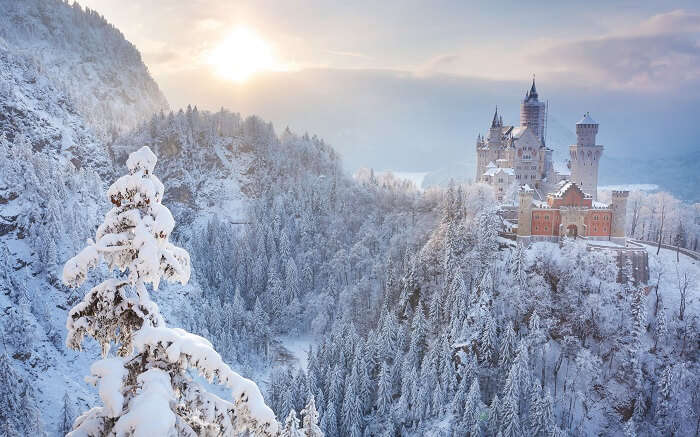 A beautiful view of Neuschwanstein Castle during winter