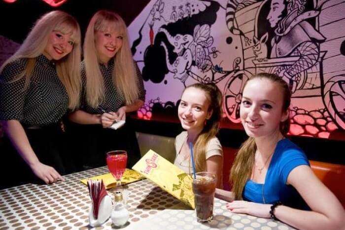 Be served by doubles at the Twin Stars Diner in Russia