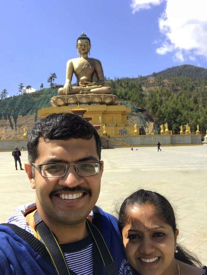 mahesh bhutan trip selfie at statue of buddha