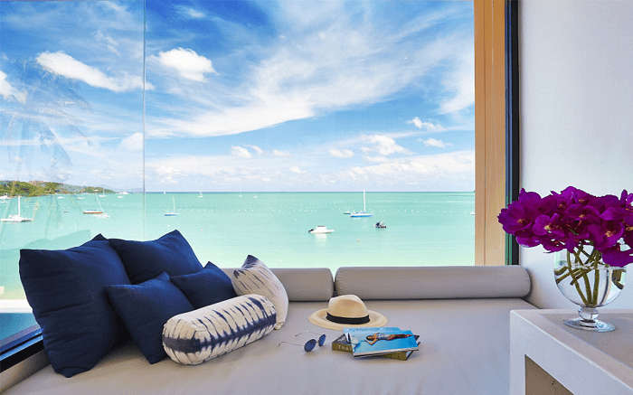 views of blue ocean from Bandara Villas room 