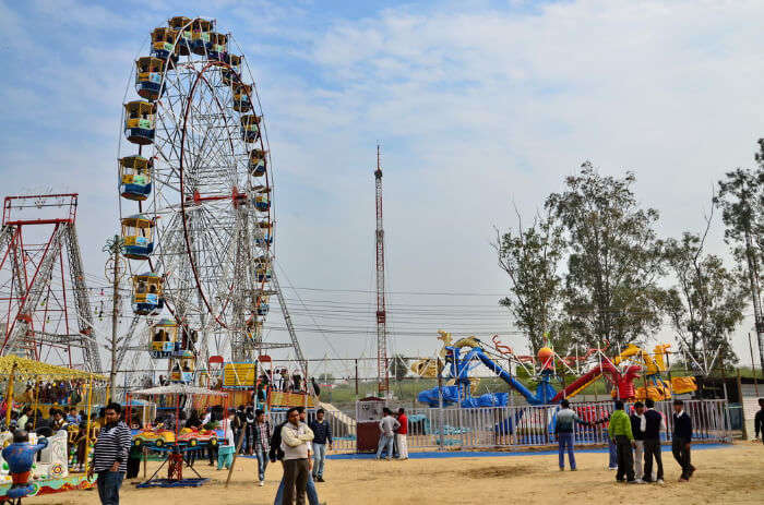 A ferry wheel and other rides in a fair