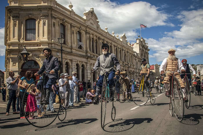 Men on Penny Farthing at the Victorian Fete in NZ