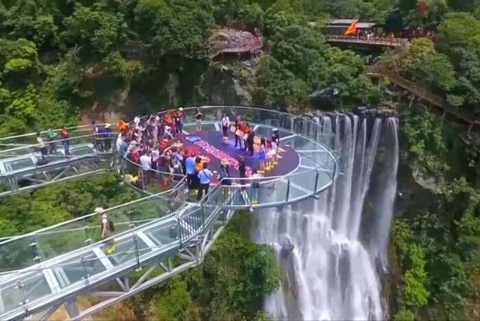 World’s Largest Glass Skywalk In China waterfall view