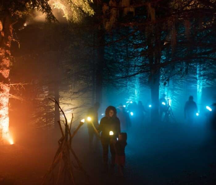 People enjoying nighttime walk in Whister