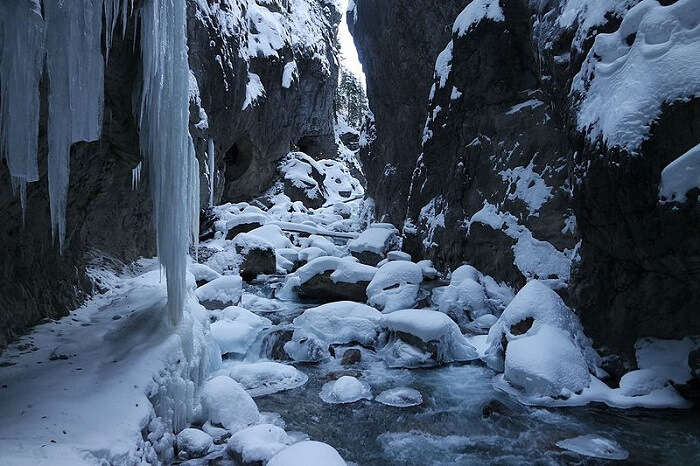 snow covered rocks